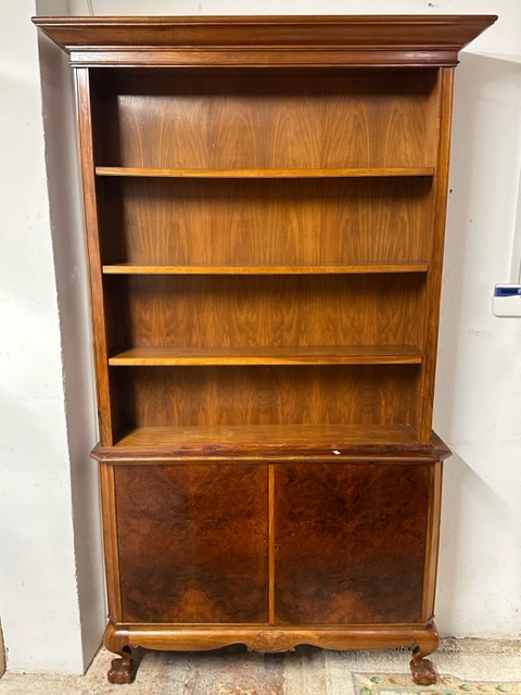 VINTAGE WOODEN BOOKCASE WITH BOTTOM CUPBOARDS ON BALL AND CLAW FEET 219 X 130CM