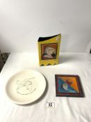 A PICASSO PLATE MADE BY SALINS FRANCE, 24 CM, A 1996 LACQUERED PICASSO LIMITED EDITION VASE BY ARTIS