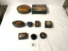 SEVEN RUSSIAN LACQUER PAPIER MACHE BOXES AND TWO OTHER BOXES.