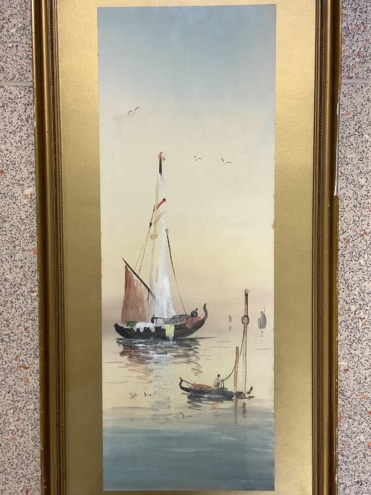 J.M MONOGRAMED WATERCOLOUR OF BOATS AT SEA FRAMED AND GLAZED 60 X 29CM - Image 2 of 4