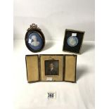 WATERCOLOUR MINIATURE CASED WITH TWO JASPERWARE CERAMIC MINIATURES