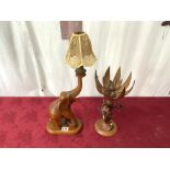 CARVED WOODEN CROCUS TABLE LAMP, AND CARVED WOODEN ELEPHANT TABLE LAMP.