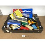 ESSO ROAD TANKER IN BOX, A MODEL THRUST SSC SUPER SONIC CAR IN BOX, AND OTHER TOY VEHICLES.