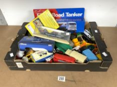 ESSO ROAD TANKER IN BOX, A MODEL THRUST SSC SUPER SONIC CAR IN BOX, AND OTHER TOY VEHICLES.