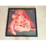 A GOUACHE ABSTRACT PAINTING STUDY OF A NUDE LADY, SIGNED A. E . BECKENHAM, 93, 90X90 CMS.