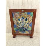 A PEACOCK DESIGN LEADED LIGHT, WOODEN FRAMED FIRE SCREEN, 64X77 CMS.