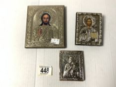 THREE WHITE METAL ICONS LARGEST 14 X 12.5 CM