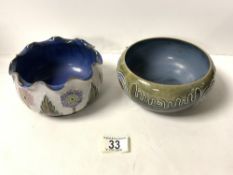 TWO ROYAL DOULTON GLAZED STONEWARE CIRCULAR BOWLS WITH TUBE LINED FLORAL DECORATION, ONE BY