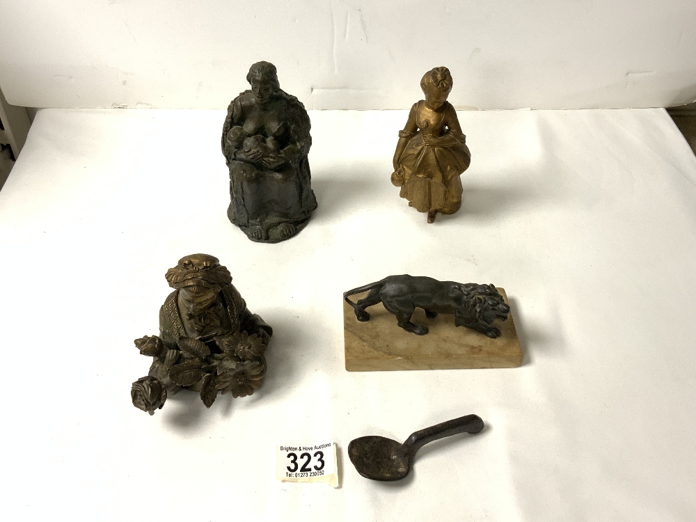 THREE BRONZE FIGURES; ONE BEING A INKWELL, ALSO ONE OTHER