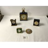 TWO SWIZA SMALL ALARM CLOCKS WITH A LARGER FRENCH STYLE ANGELUS ELECTRONIC CLOCK AND MORE; LARGEST