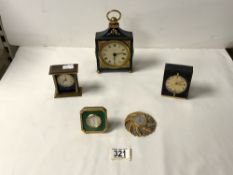 TWO SWIZA SMALL ALARM CLOCKS WITH A LARGER FRENCH STYLE ANGELUS ELECTRONIC CLOCK AND MORE; LARGEST