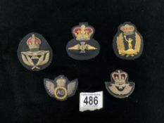 RAF CLOTH BADGE, AND 4 OTHER CLOTH PATCHES.