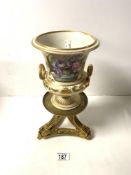 19TH CENTURY DERBY PORCELAIN GILT AND FLORAL HAND PAINTED 2 HANDLED URN SHAPE VASE, 19 CMS, ON A