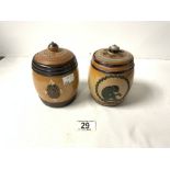 TWO DOULTON LAMBETH STONEWARE BARREL-SHAPED TOBACCO JARS, ONE DECORATED WITH A MONKEY - EMILY J