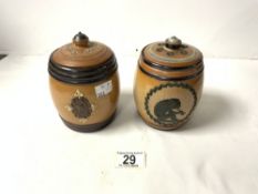 TWO DOULTON LAMBETH STONEWARE BARREL-SHAPED TOBACCO JARS, ONE DECORATED WITH A MONKEY - EMILY J