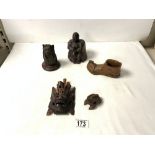 CARVED WOODEN FIGURE OF A BUDDHA; 13 CMS, SMALL WOODEN DRAGON MASK, CARVED WOODEN SHOE AND TWO OTHER