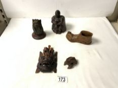 CARVED WOODEN FIGURE OF A BUDDHA; 13 CMS, SMALL WOODEN DRAGON MASK, CARVED WOODEN SHOE AND TWO OTHER