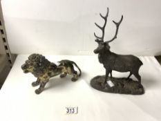 METAL LION REPUTEDLY FROM IMPERIAL AIRWAYS CROYDON 16CM WITH A RESIN STAG 29CM