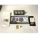 MIXED COMMEMORATIVE COINS AND INGOT WITH A DESK CLOCK