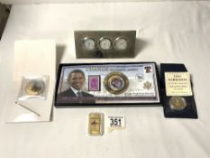 MIXED COMMEMORATIVE COINS AND INGOT WITH A DESK CLOCK