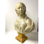 A FAUX MARBLE PLASTER BUST OF A LADY - " LA DU BARBY " [CRACK TO BASE] , 50 CMS.