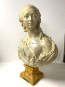 A FAUX MARBLE PLASTER BUST OF A LADY - " LA DU BARBY " [CRACK TO BASE] , 50 CMS.