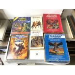 FOUR BOXED DUNGEONS AND DRAGONS FANTASY ADVENTURE GAMES, ALSO MAGAZINES AND BOOKS.