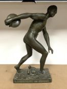 A BRONZE FIGURE - "LANCEMENT DU DISQUE " IMPRESSED SIGNATURE TO BASE - H. FUGERE, 46 CMS.