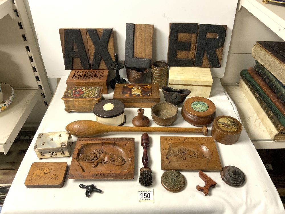 QUANTITY WOODEN TRINKET BOXES, A WOODEN CLUB AND AN EBONY MANICURE STAND.