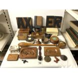 QUANTITY WOODEN TRINKET BOXES, A WOODEN CLUB AND AN EBONY MANICURE STAND.