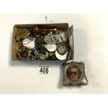 A SMALL HALLMARKED SILVER PHOTO FRAME, A TREEN AND CORNELIAN WAX SEAL, WRIST WATCHES, MOVEMENTS