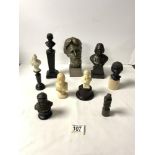 SMALL BRONZED BUST OF LISZT, 17 CMS, SMALL PARIAN BUST OF QUEEN VICTORIA AND 7 OTHER SMALL BUST