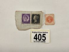 A PENNY BLACK STAMP AND TWO OTHER STAMPS.