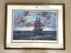 MONTAGUE DAWSON COLOURED PRINT OF " THE TALL SHIP KAISOW " FRAMED AND SIGNED IN PENCIL, 80 X 58 CM.