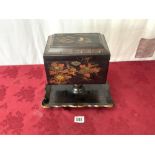 CHINESE BLACK LACQUERED SEWING BOX WITH UNDER TRAY 31X 32CM
