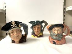 THREE ROYAL DOULTON CHARACTER JUGS - " LONG JOHN SILVER ", " PIED PIPER " AND " FALSTAFF ".