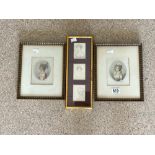 TRIO PENCIL SKETCH OF PORTRAITS IN ONE FRAME 35X13 CMS, AND PAIR COLOURED PORTRAIT PRINTS OF