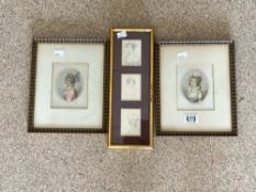 TRIO PENCIL SKETCH OF PORTRAITS IN ONE FRAME 35X13 CMS, AND PAIR COLOURED PORTRAIT PRINTS OF