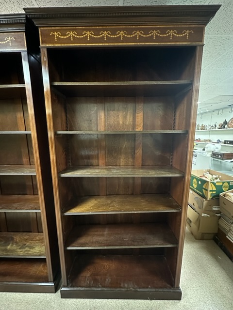 LARGE PAIR OF WOODEN BOOKCASES WITH INLAID MARQUERTY WORK 210 X 110CM - Image 3 of 3