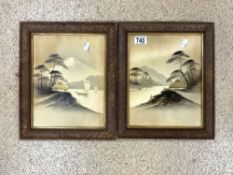 PAIR OF JAPANESE PAINTINGS - VOLCANO AND DWELLINGS BY RIVER, 22X29 CMS.