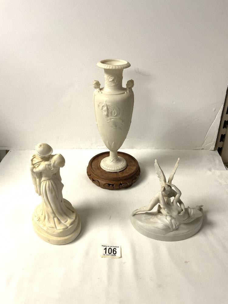 PARIAN WARE GREEK STYLE VASE, 27 CMS, PARIAN WARE FIGURE OF ROMEO AND JULIET AND PARIAN FIGURE " THE