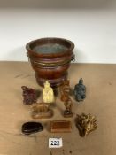 A BRASS BOUND FRUIT WOOD ICE BUCKET, CARVED WOODEN ST BERNARD DOG, AND OTHER CARVED FIGURES.