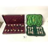SET OF SIX WHITE METAL SPOONS IN CASE AND SET 12 EPNS BEAN ENDED COFFEE SPOONS IN CASE.