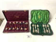 SET OF SIX WHITE METAL SPOONS IN CASE AND SET 12 EPNS BEAN ENDED COFFEE SPOONS IN CASE.