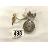 FINE SILVER LADIES FOB WATCH WITH A HALLMARKED SILVER BOW AND KEY W/O