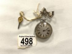 FINE SILVER LADIES FOB WATCH WITH A HALLMARKED SILVER BOW AND KEY W/O