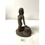 A METAL BRONZED SCULPTURE OF A NUDE LADY, SIGNED C GOULD, 27 CMS.