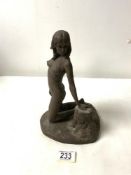A METAL BRONZED SCULPTURE OF A NUDE LADY, SIGNED C GOULD, 27 CMS.