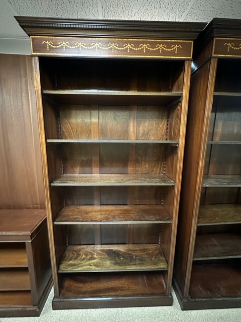 LARGE PAIR OF WOODEN BOOKCASES WITH INLAID MARQUERTY WORK 210 X 110CM - Image 2 of 3