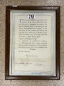 A CIVIL CERTIFICATE FOR GALLANTRY AWARDED TO LESLIE THOMAS GREEN, ON 17TH JUNE 1950, SIGNED BY